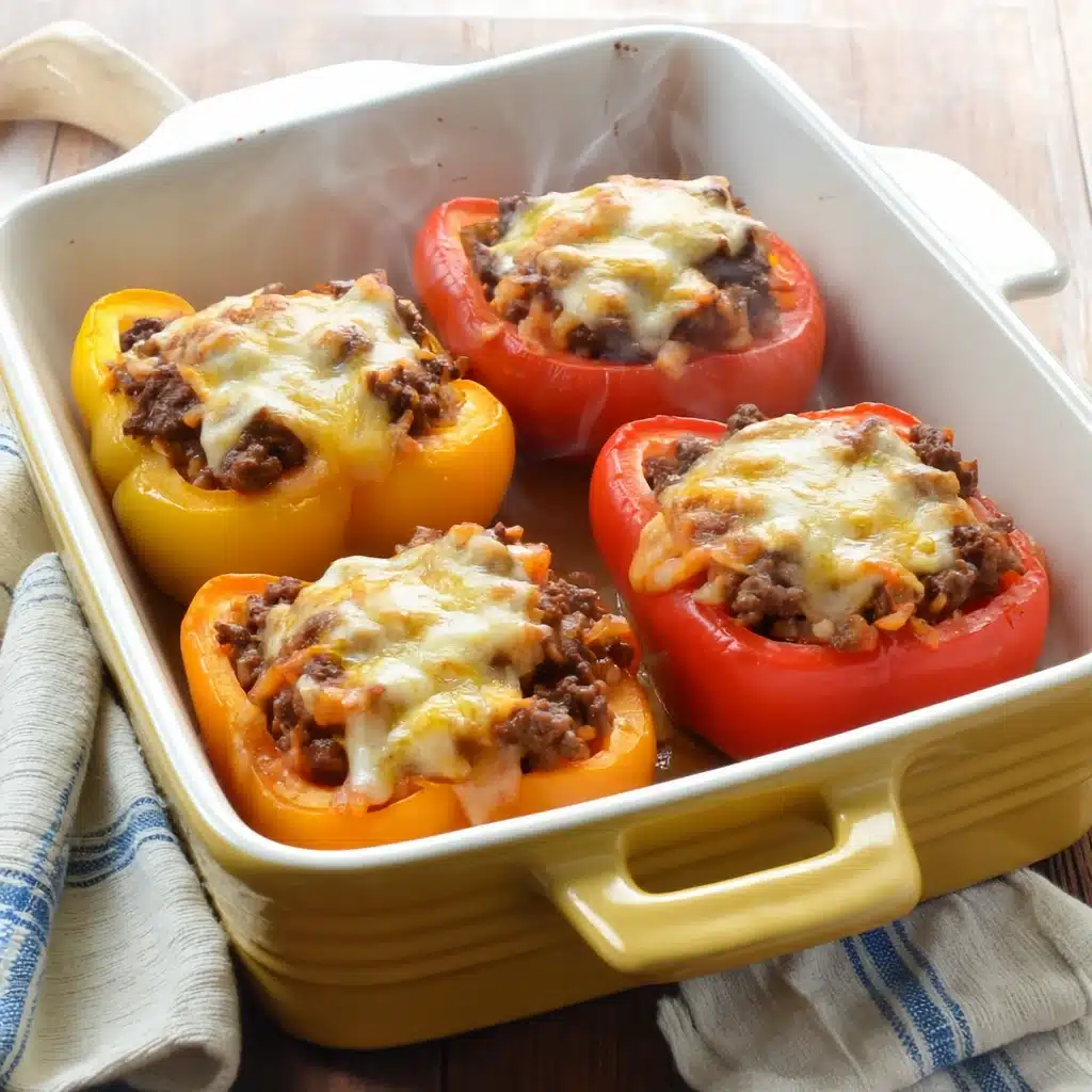 Baked stuffed bell peppers filled with lean ground beef, tomato sauce, and topped with melted jack cheese