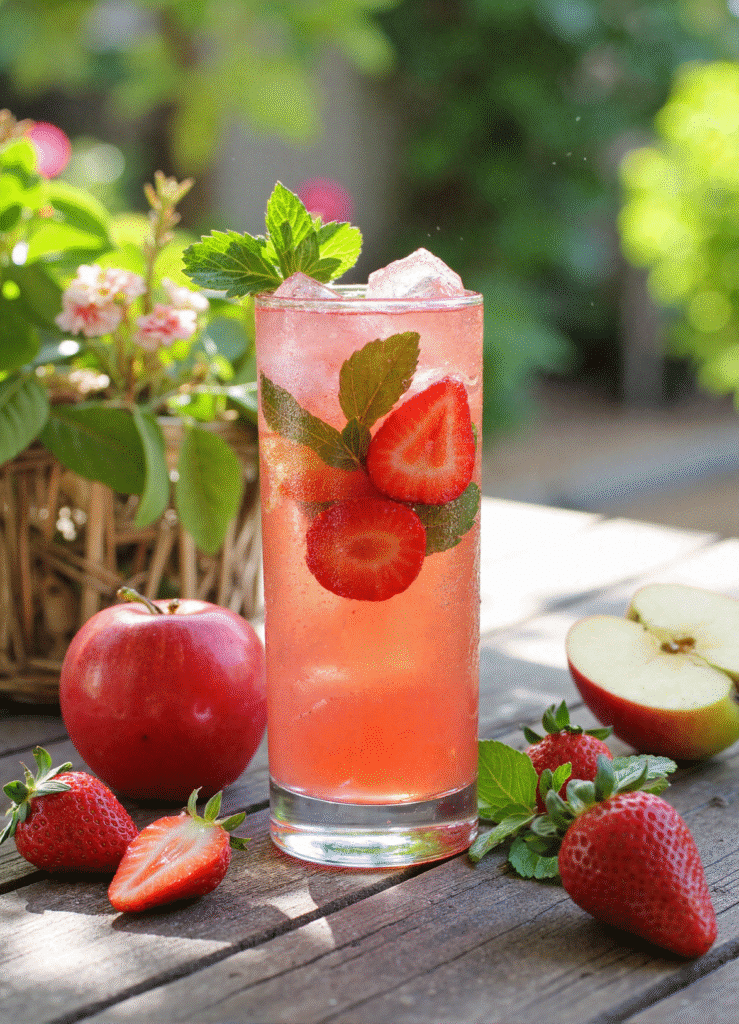 Creamy strawberry apple punch recipe with mint and fruit garnish