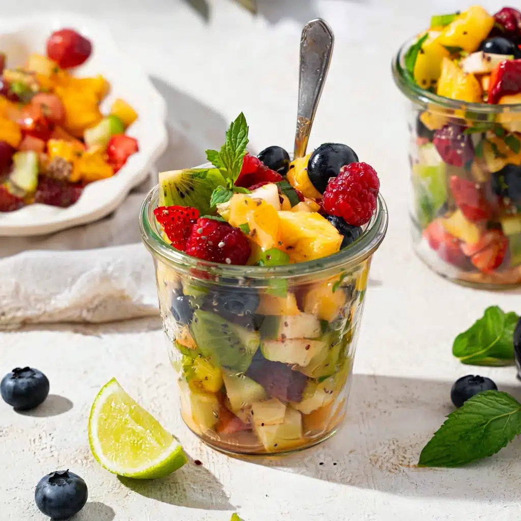 Individual summer fruit salad in a glass jar with kiwi, pineapple, berries, fresh mint, and lime slices