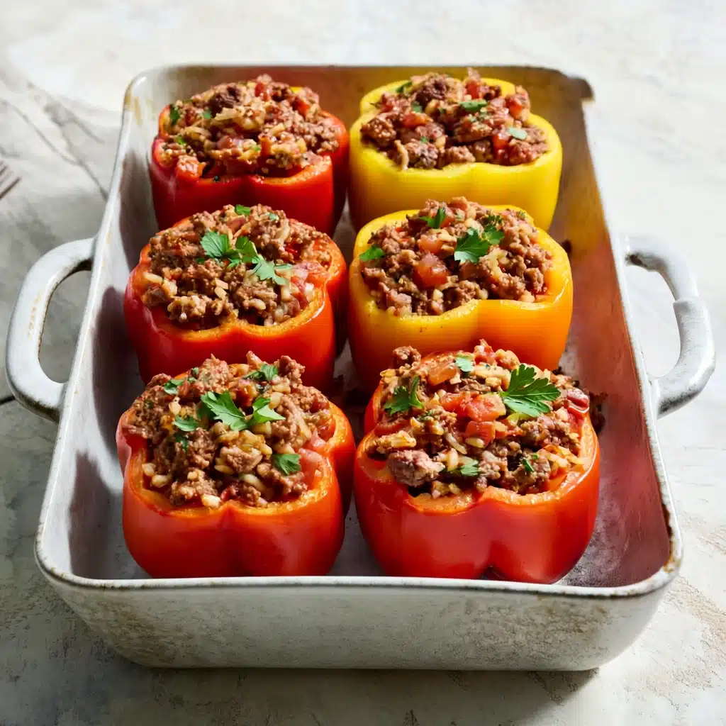Stuffed bell peppers with lean ground beef, rice, and tomato sauce in a baking dish