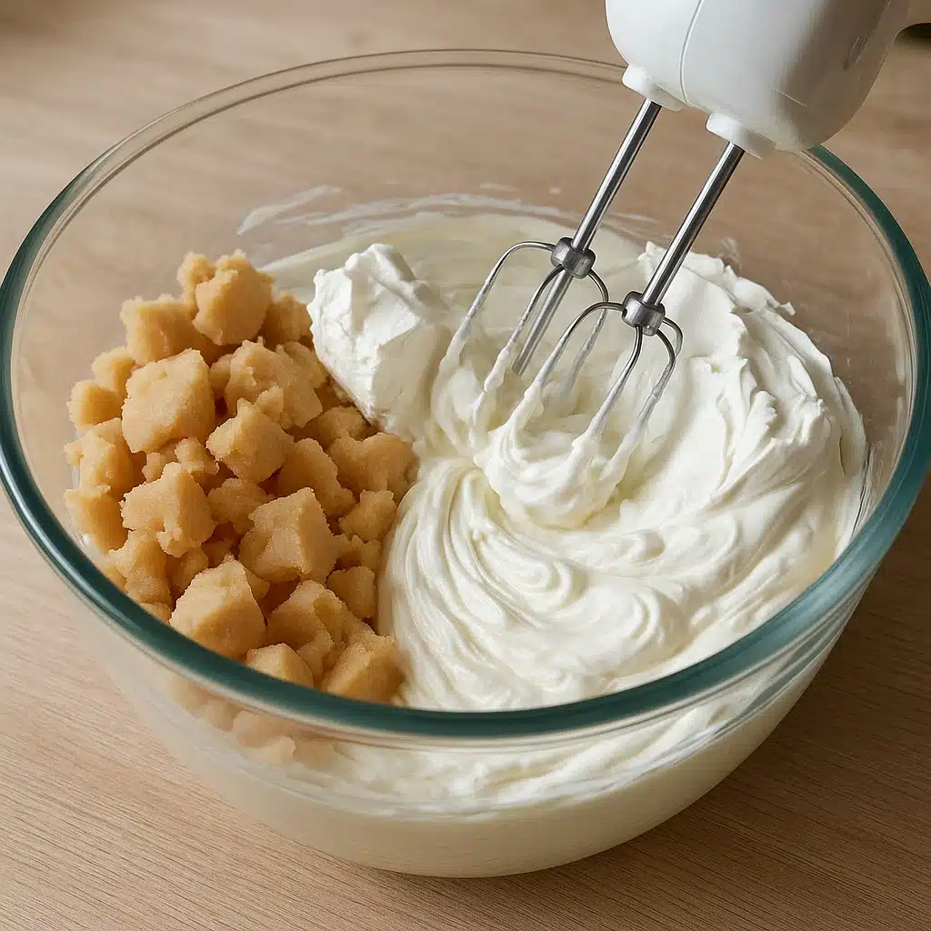 Marzipan and cream cheese being mixed for tart cheesecake filling