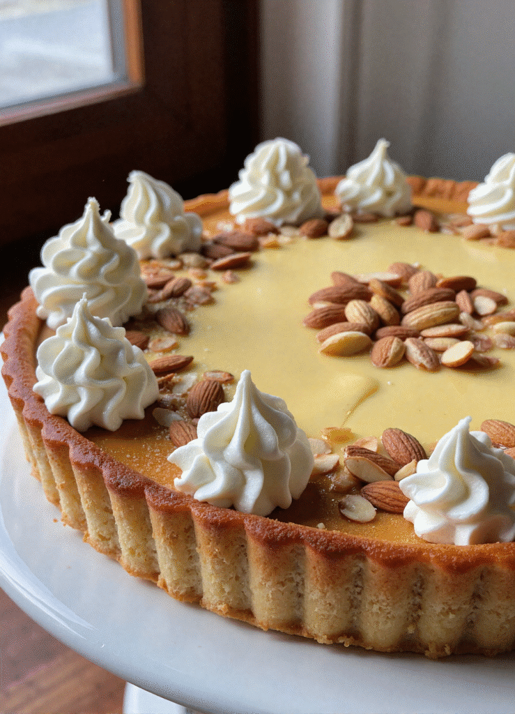 Marzipan tart cheesecake with almonds and whipped cream
