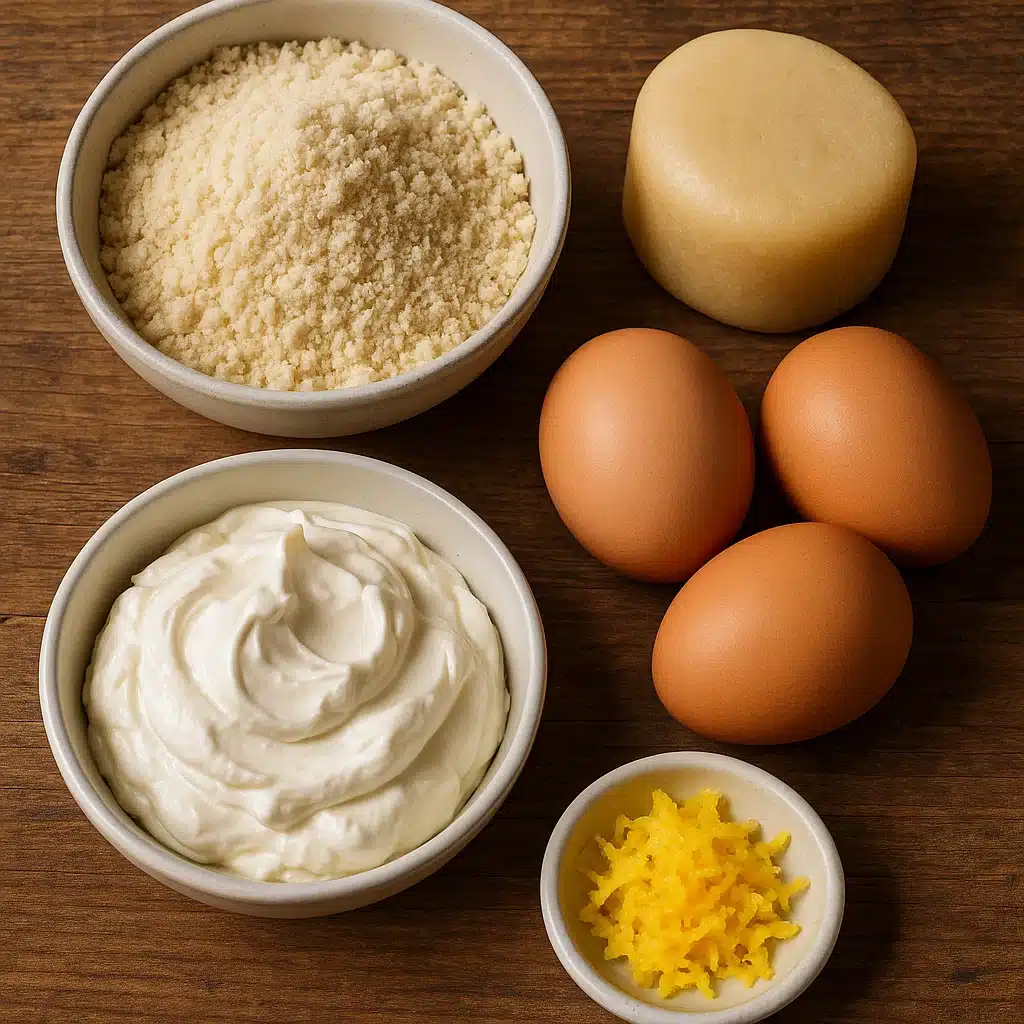 Ingredients for marzipan tart cheesecake including marzipan and almond flour
