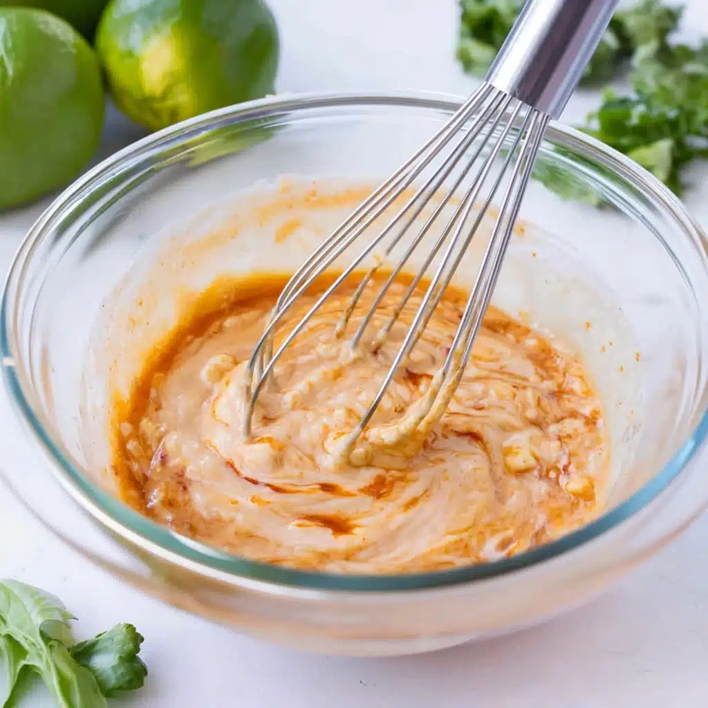 Whisking Bang Bang Sauce Recipe in glass bowl