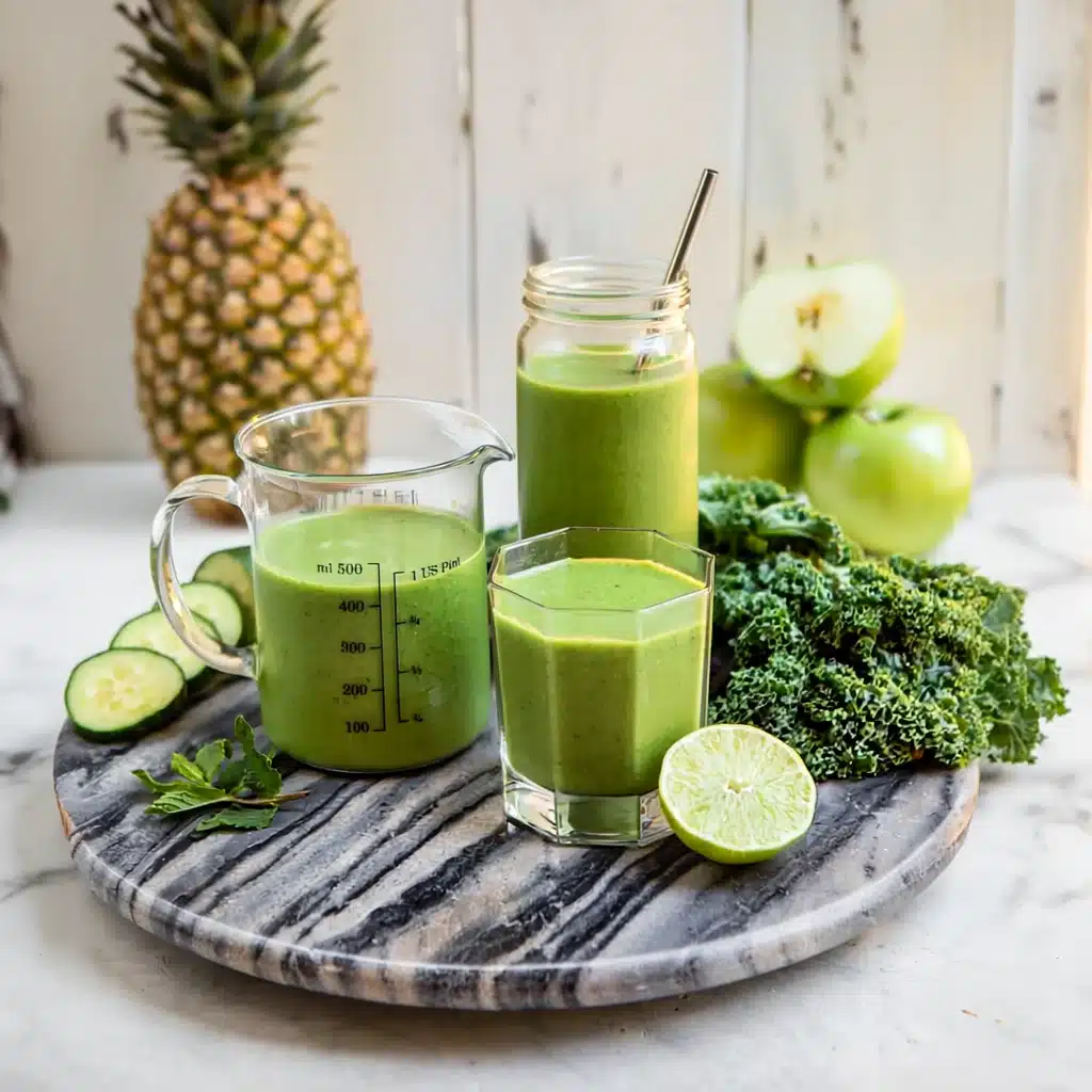 Green smoothie made with pineapple, mint, cucumber, and kale—hydrating and refreshing for summer mornings.