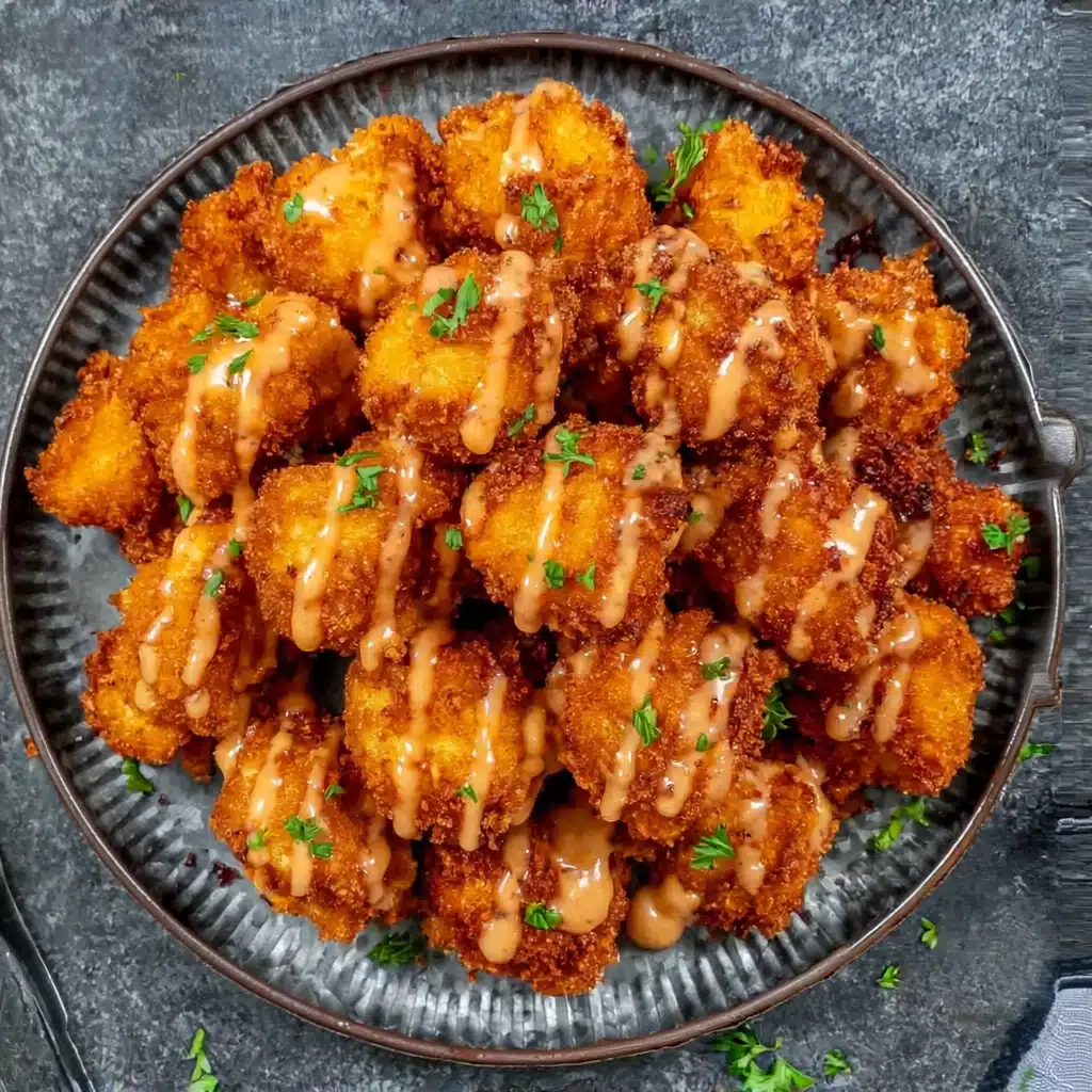 Crispy Bang Bang Chicken bites topped with honey and sweet chili sauce, garnished with fresh herbs.