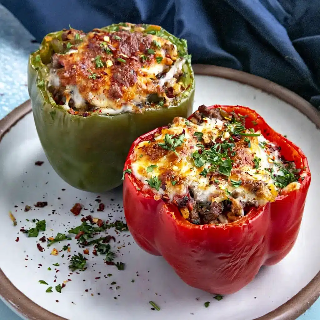 Stuffed bell peppers filled with wild rice, ground turkey, lean beef, and melted jack cheese in tomato sauce