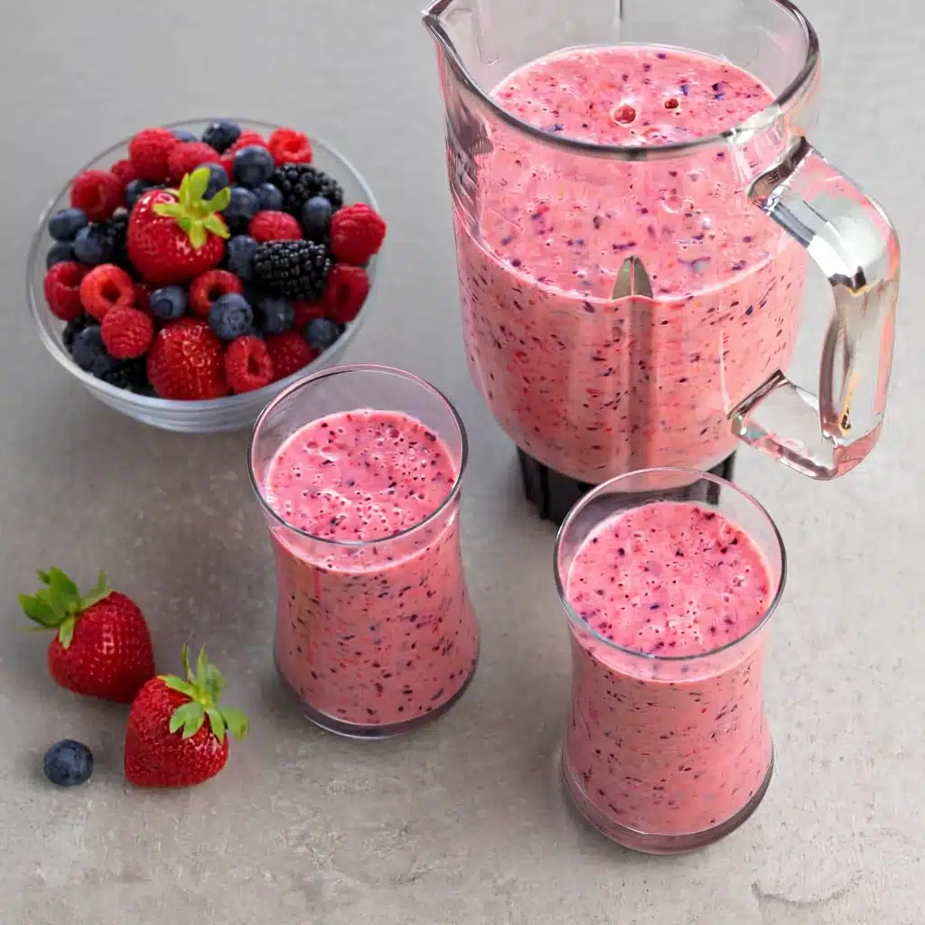 A rich and vibrant triple berry smoothie packed with antioxidants—an easy, quick, and healthy summer fruit drink.