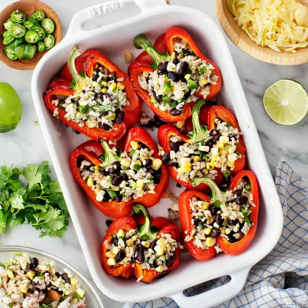 Vegetarian stuffed red bell peppers with wild rice, black beans, corn, and herbs in a white baking dish