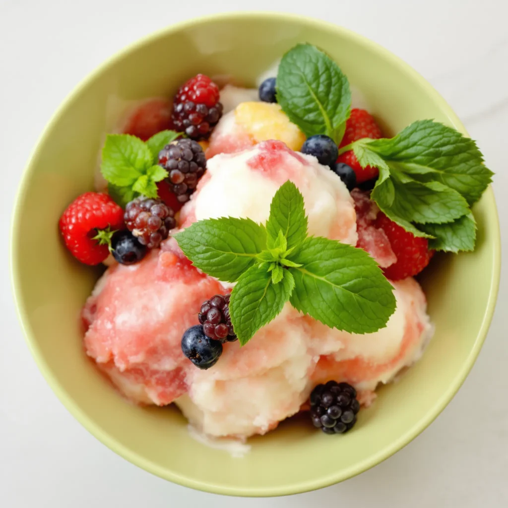 Sorbet served with mint and basil on top