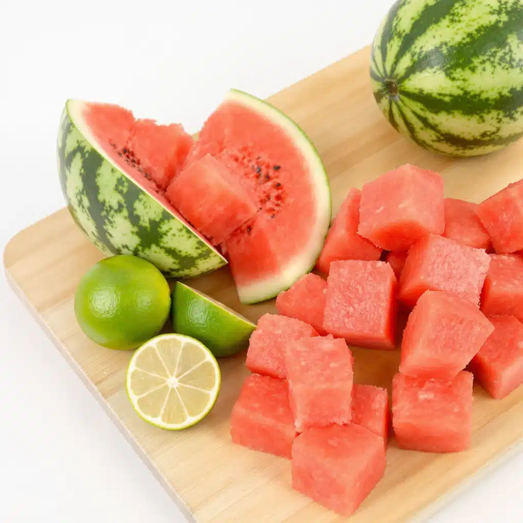 Frozen watermelon and lime on a cutting board
