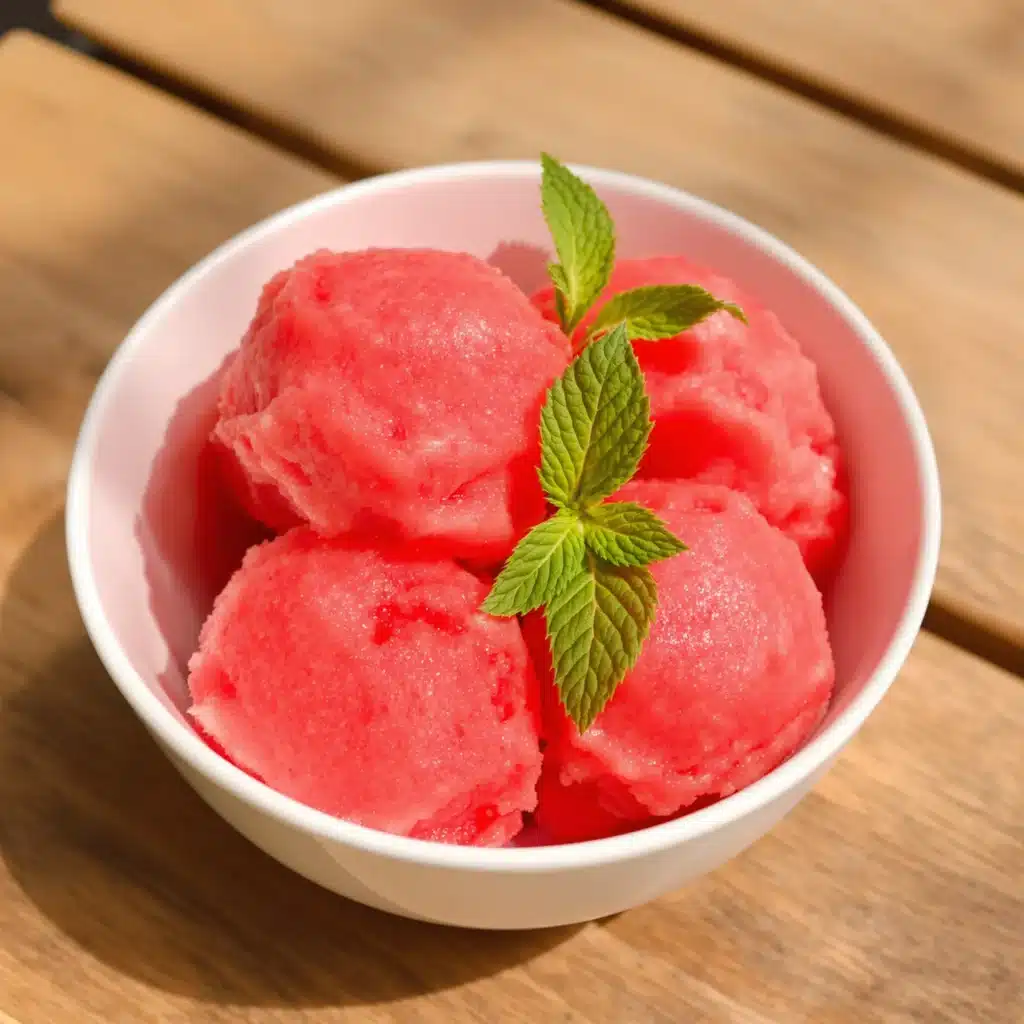Homemade watermelon sorbet served in a bowl with mint garnish