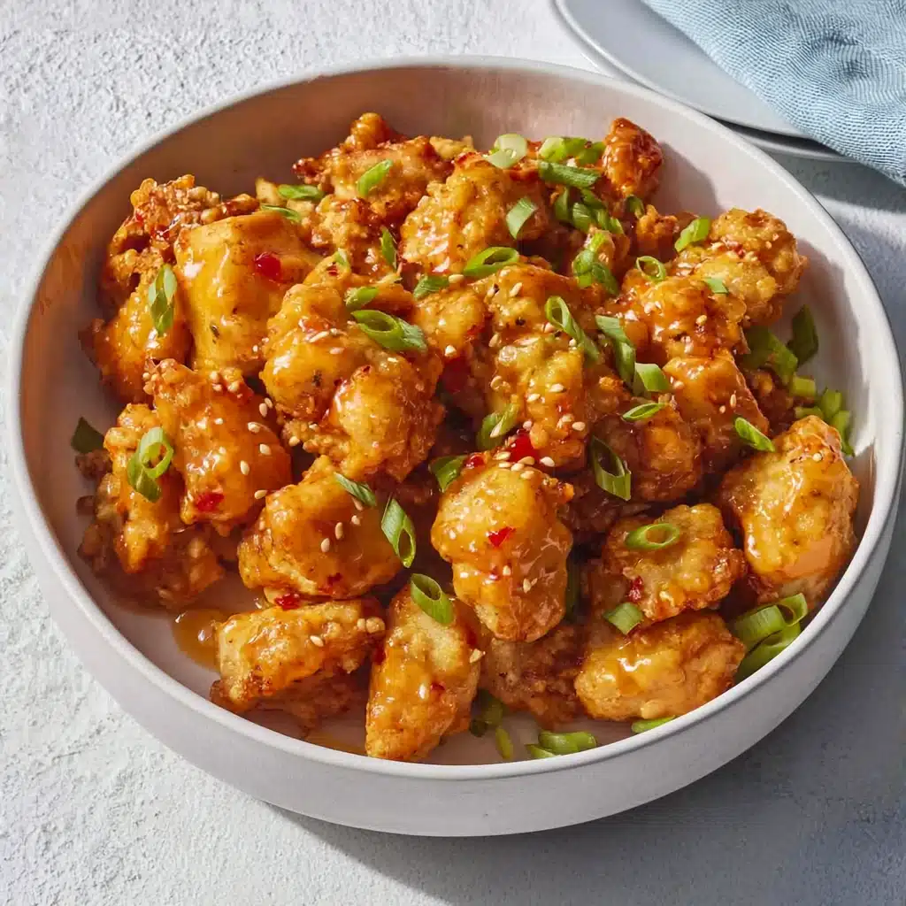 Bang Bang Chicken pieces glazed with sweet chili sauce and garnished with scallions and sesame seeds.