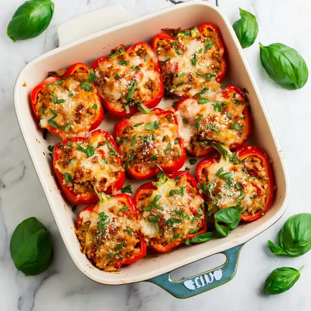 stuffed peppers recipe,Red bell peppers stuffed with wild rice, ground turkey, tomato paste, and melted cheese, garnished with fresh basil