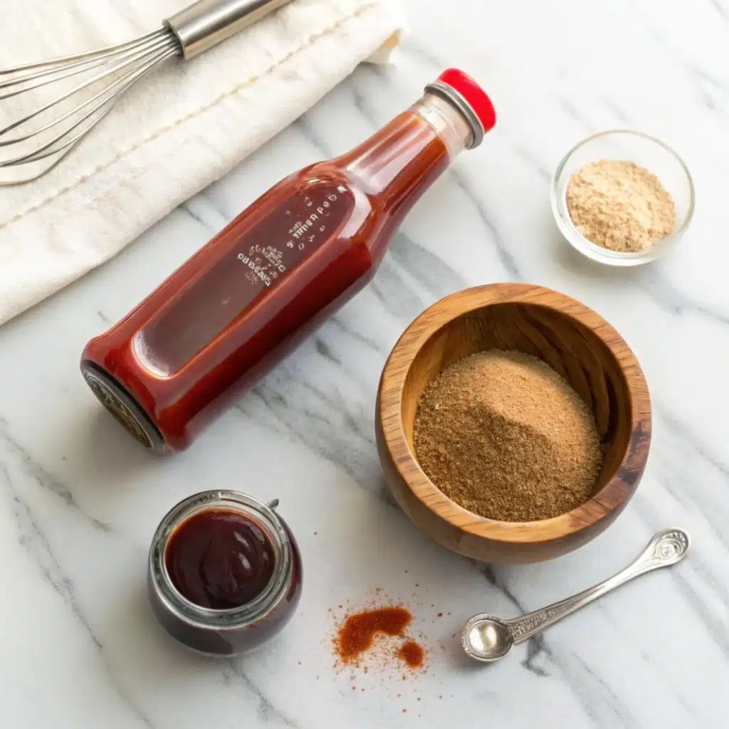 Ingredients for 3 ingredient BBQ sauce on marble countertop