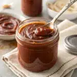 Moist and glossy 3 ingredient BBQ sauce close-up in a jar with spoon