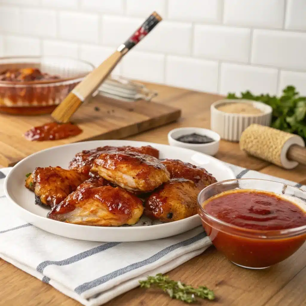 Plated BBQ chicken glazed with vibrant 3 ingredient BBQ sauce on kitchen table