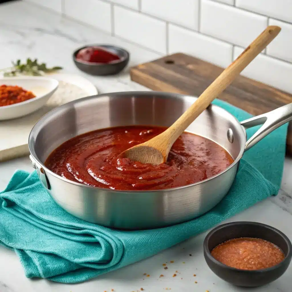 Vibrant 3 ingredient BBQ sauce bubbling in saucepan with wooden spoon