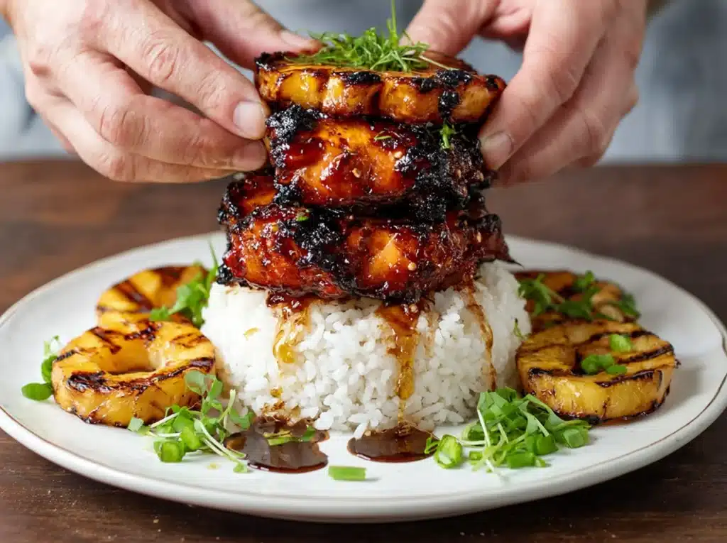 Assembling Hawaiian Huli Huli Chicken Stack