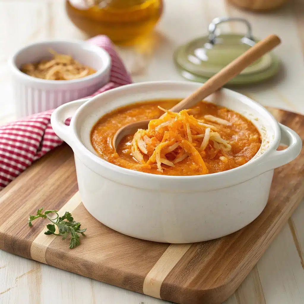 Buffalo chicken dip cooking and melting in crock pot with spoon