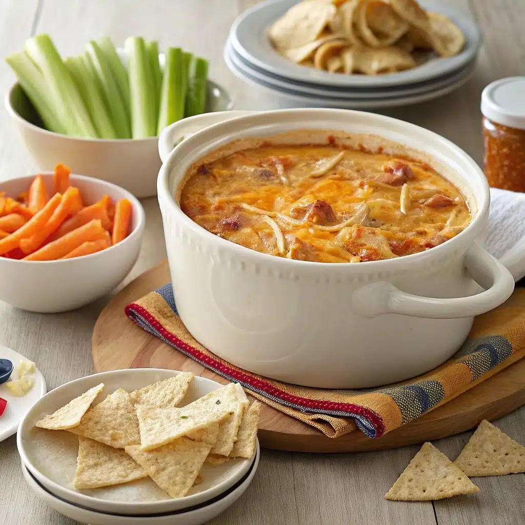 Crock Pot Buffalo Chicken Dip served at a festive party table