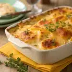 Cheesy scalloped potatoes close-up with golden crust and gooey melted cheese