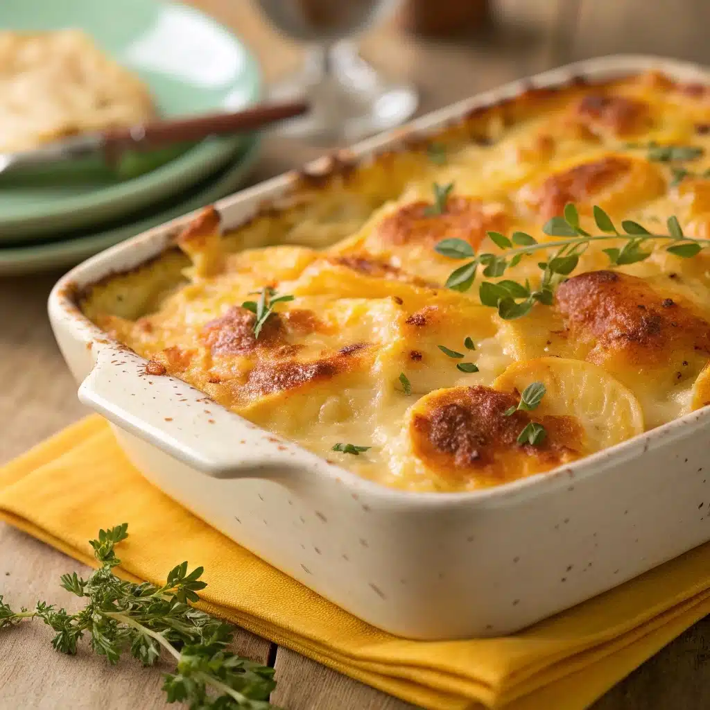 Cheesy scalloped potatoes close-up with golden crust and gooey melted cheese