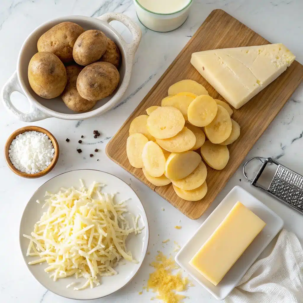 Ingredients for cheesy scalloped potatoes arranged on marble counter