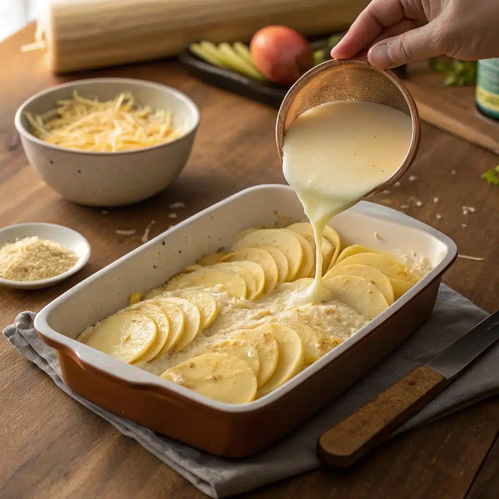Layering potatoes, cream, and cheese in baking dish before baking scalloped potatoes