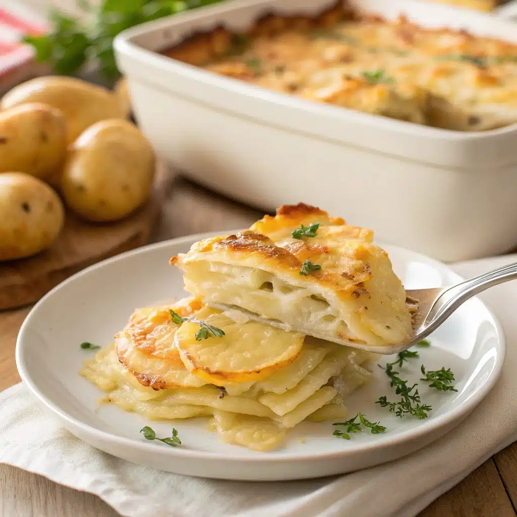 Close-up of cheesy scalloped potatoes served on plate with gooey cheese layers