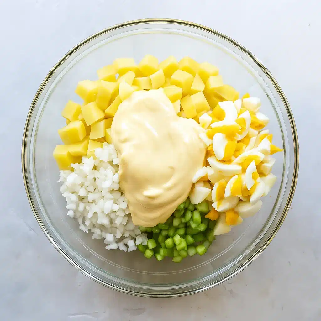 potatoes, onion, celery, and eggs in bowl with mayonnaise dressing for best potato salad recipe