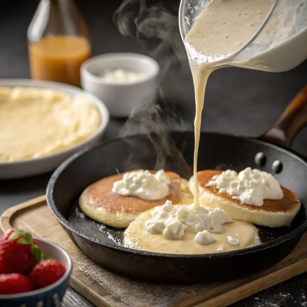 Cooking cottage cheese pancakes in skillet with golden edges