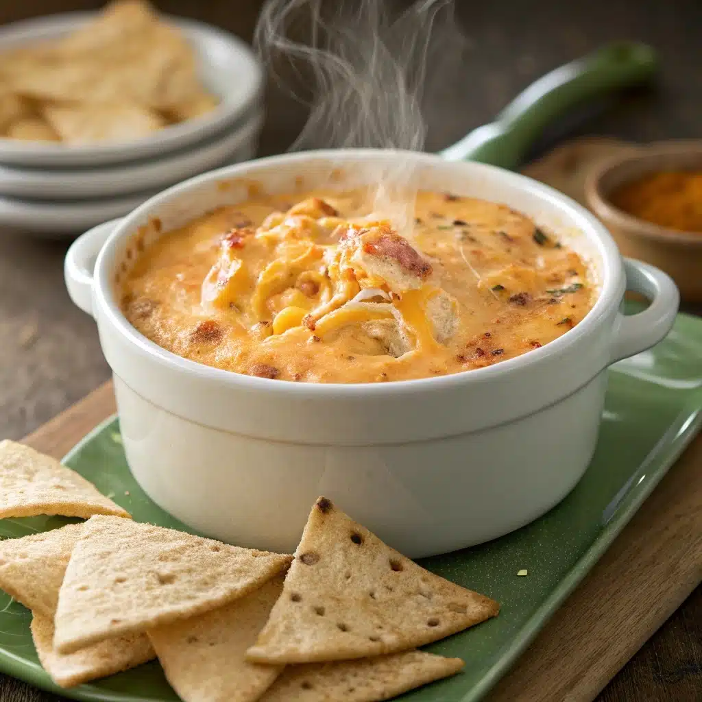 Yummy Crock Pot Buffalo Chicken Dip served hot with chips and veggies