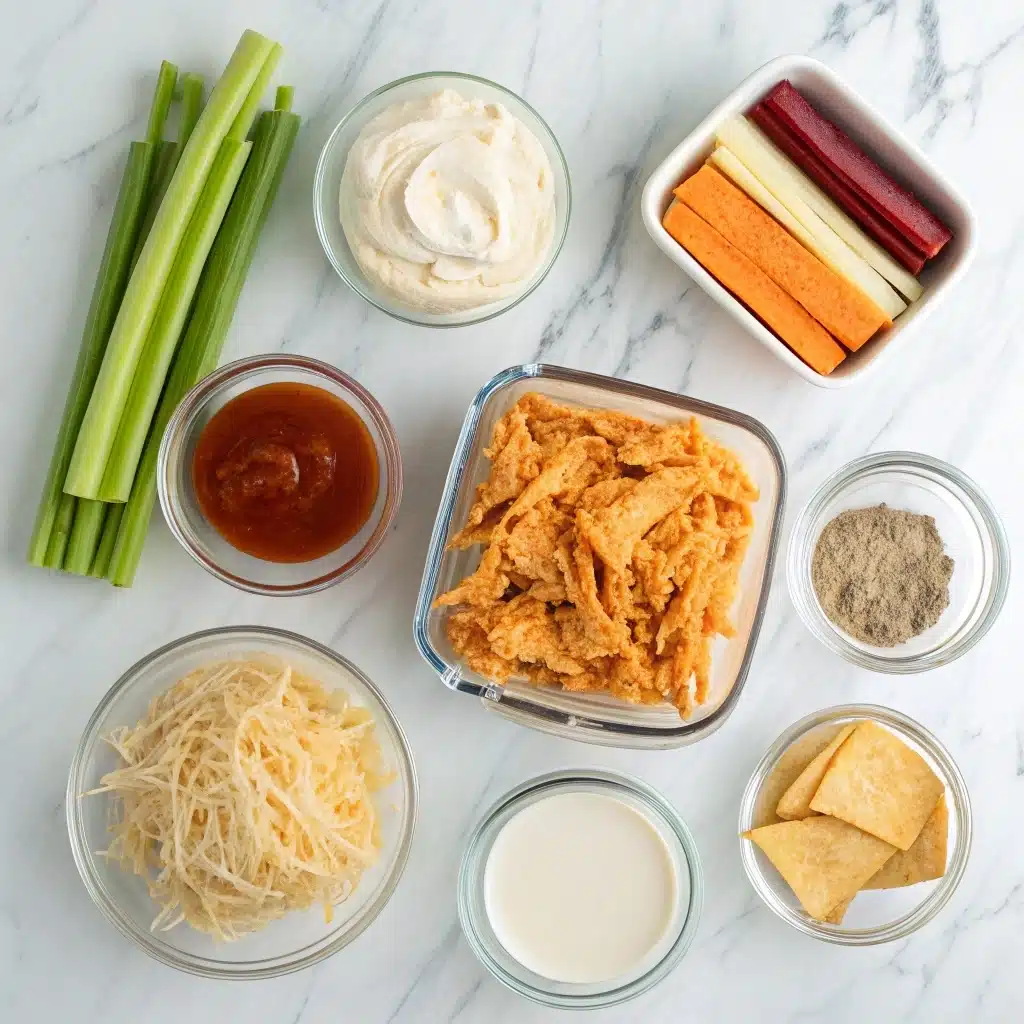 Ingredients for Crock Pot Buffalo Chicken Dip on marble counter
