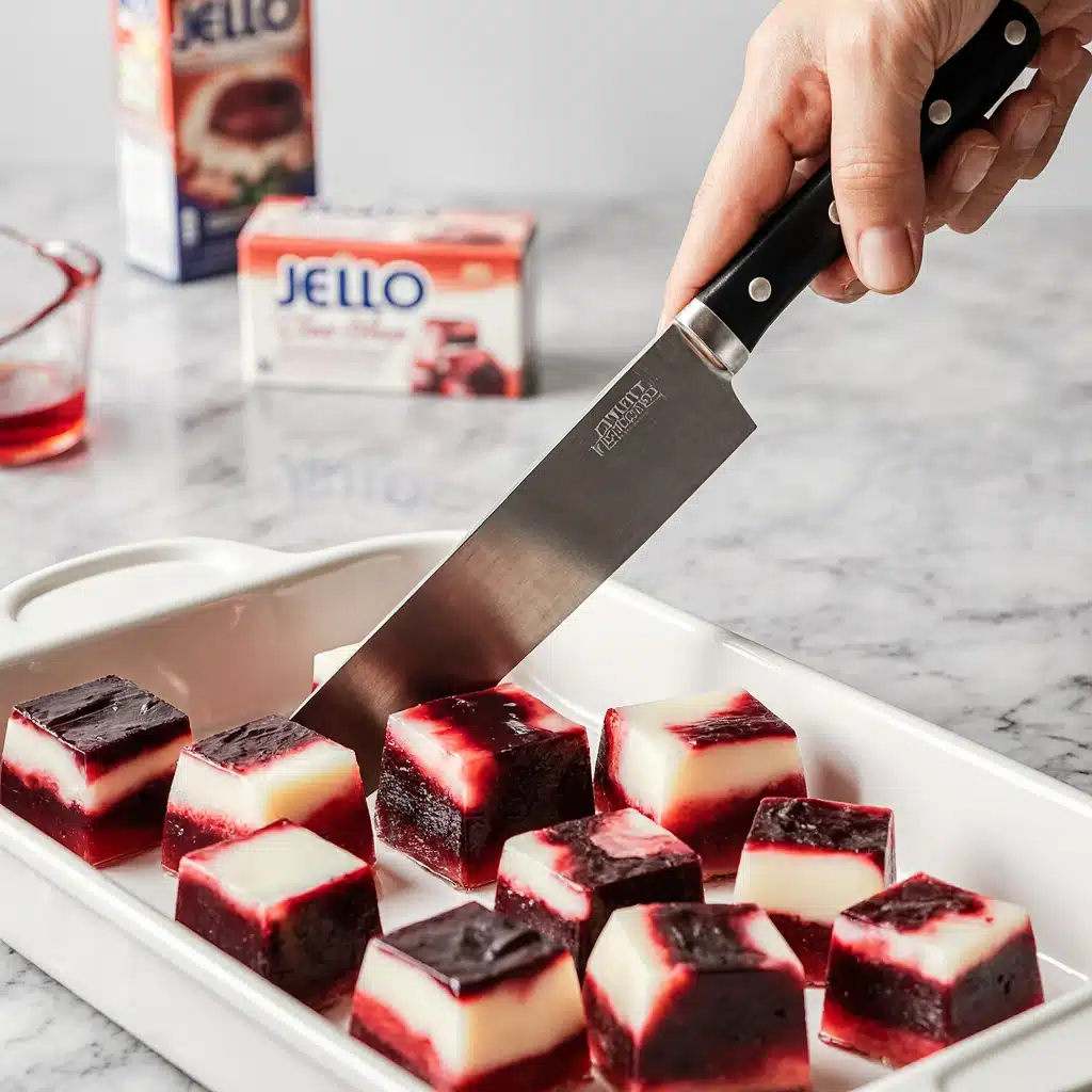 Cutting 4th Of July Jello Recipe into clean cubes
