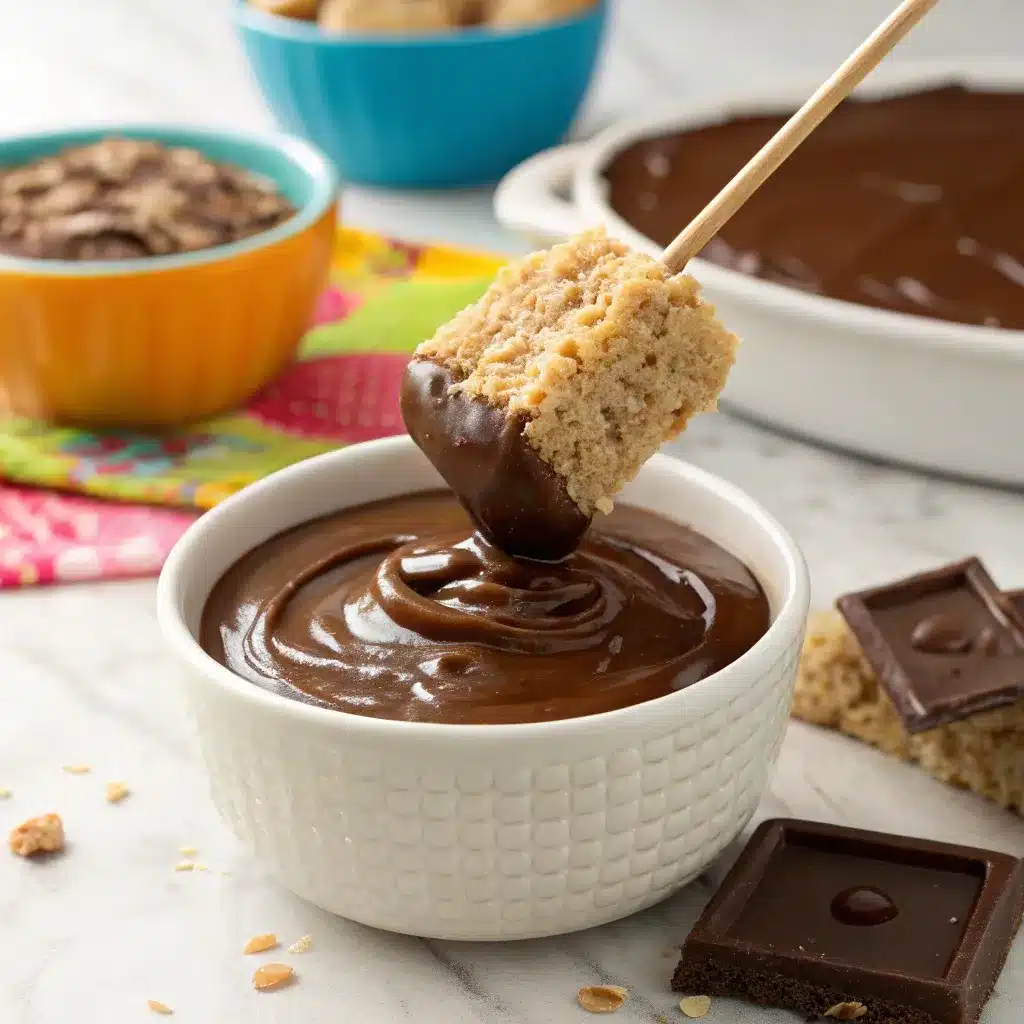 Buckeye rice krispie treat being dipped in smooth melted chocolate