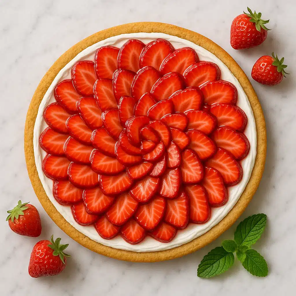 fully assembled strawberry pizza recipe with glossy strawberries on top
