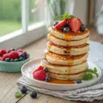 Fluffy cottage cheese pancakes recipe stacked with berries and syrup