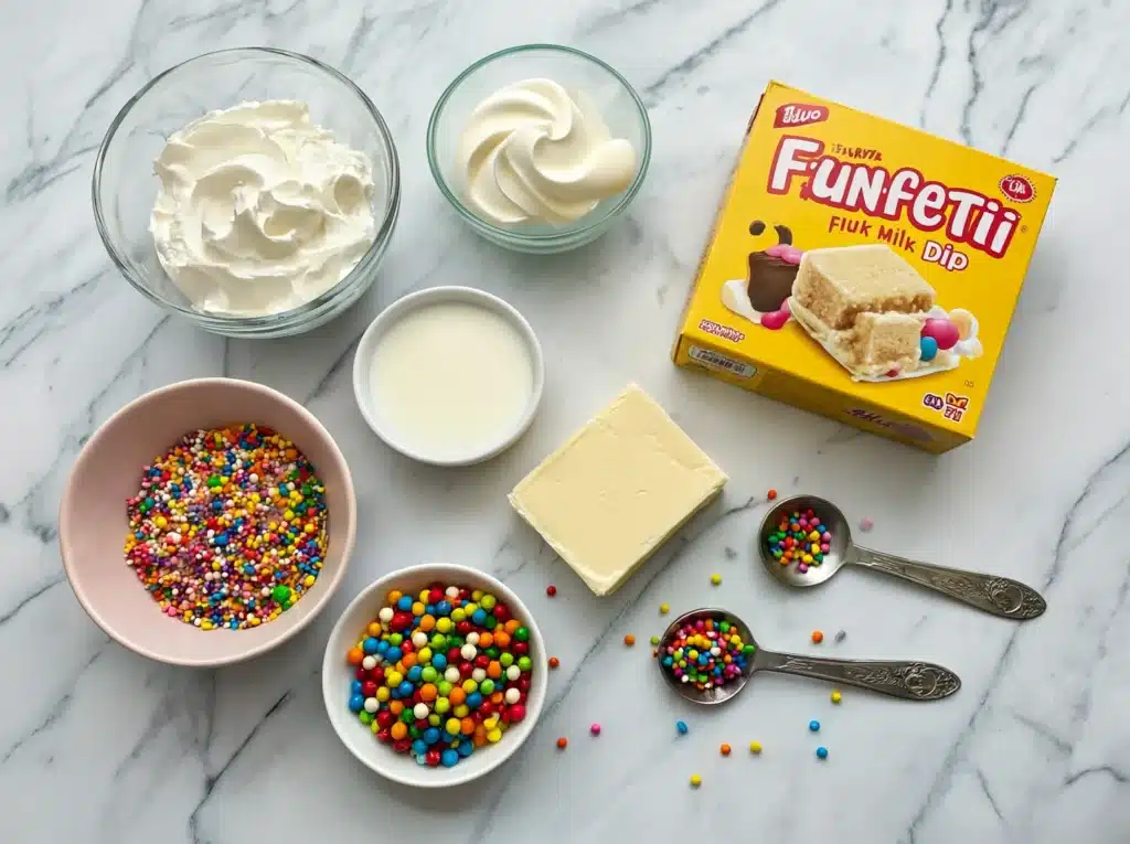 Funfetti Dip ingredients including cake mix, yogurt, whipped topping, and sprinkles
