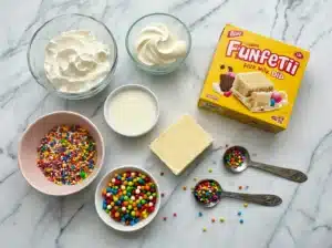 Funfetti Dip ingredients including cake mix, yogurt, whipped topping, and sprinkles