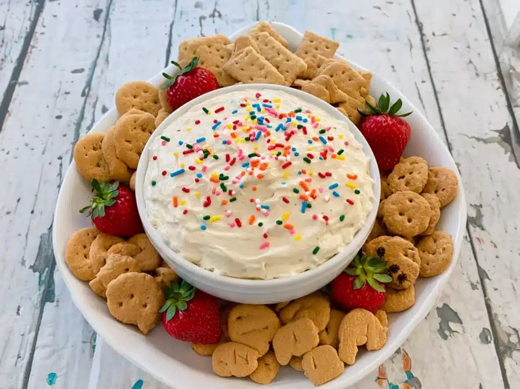 Homemade Funfetti Dip in a white bowl topped with rainbow sprinkles