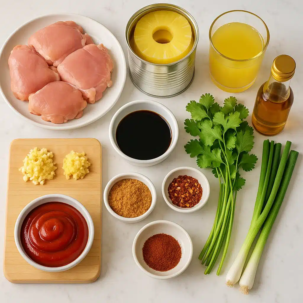 Ingredients laid out for Hawaiian BBQ chicken recipe on marble countertop