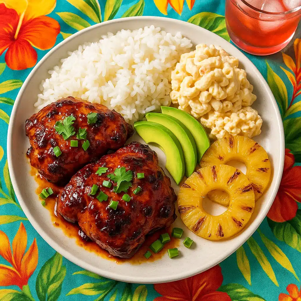 Hawaiian BBQ chicken recipe served with rice, avocado, and sides