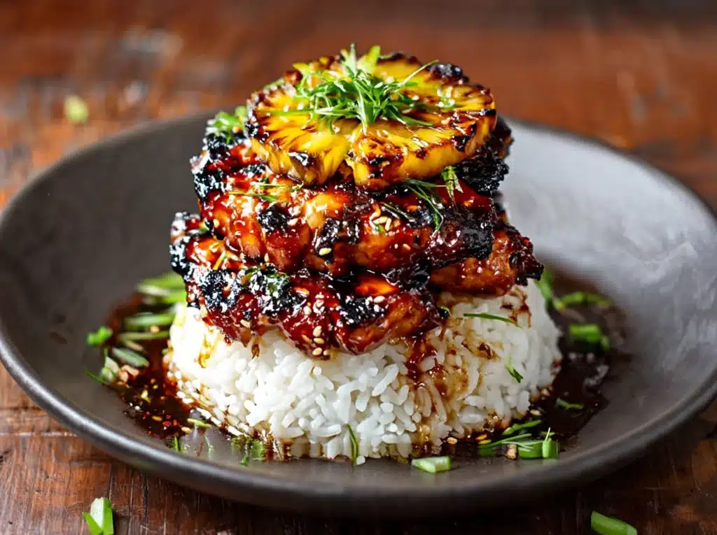 Hawaiian Huli Huli Chicken Stack beautifully plated