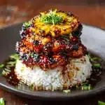 Hawaiian Huli Huli Chicken Stack beautifully plated