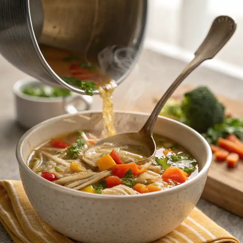 Detox southwest chicken soup being ladled into a bowl
