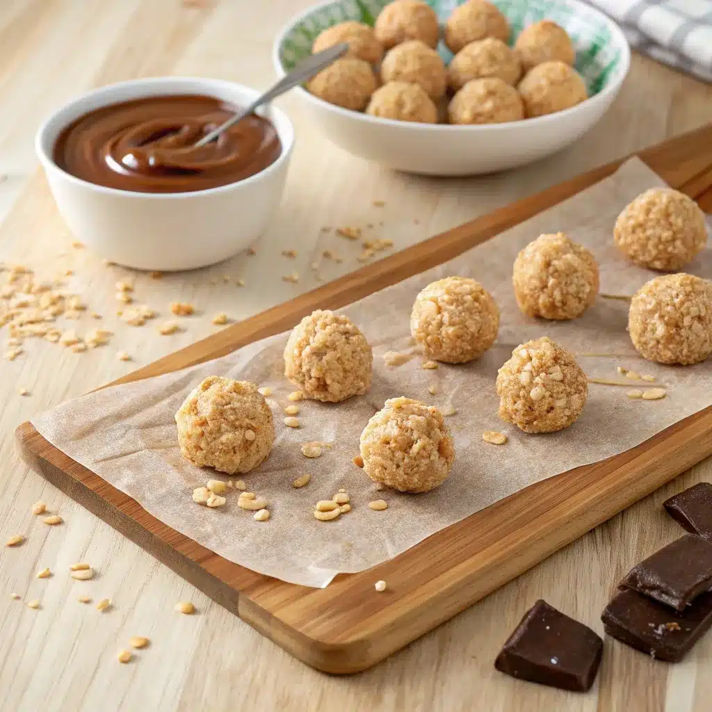 Peanut butter rice krispie balls on tray next to bowl of melted chocolate