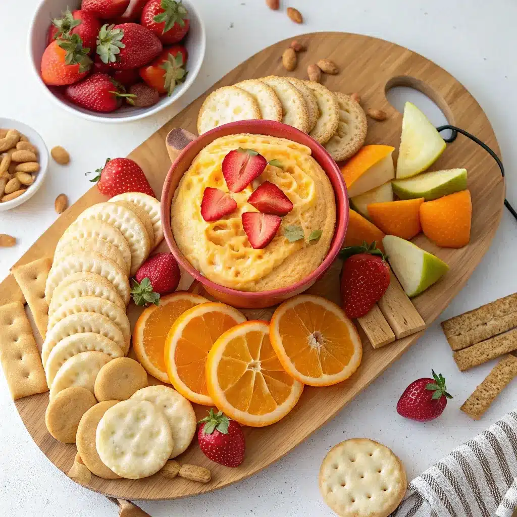 Orange creamsicle dip with dippers on a dessert tray