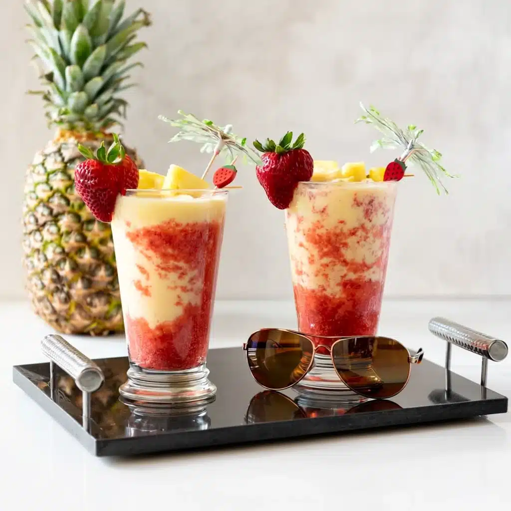 Party-ready virgin lava flow mocktails in tiki cups