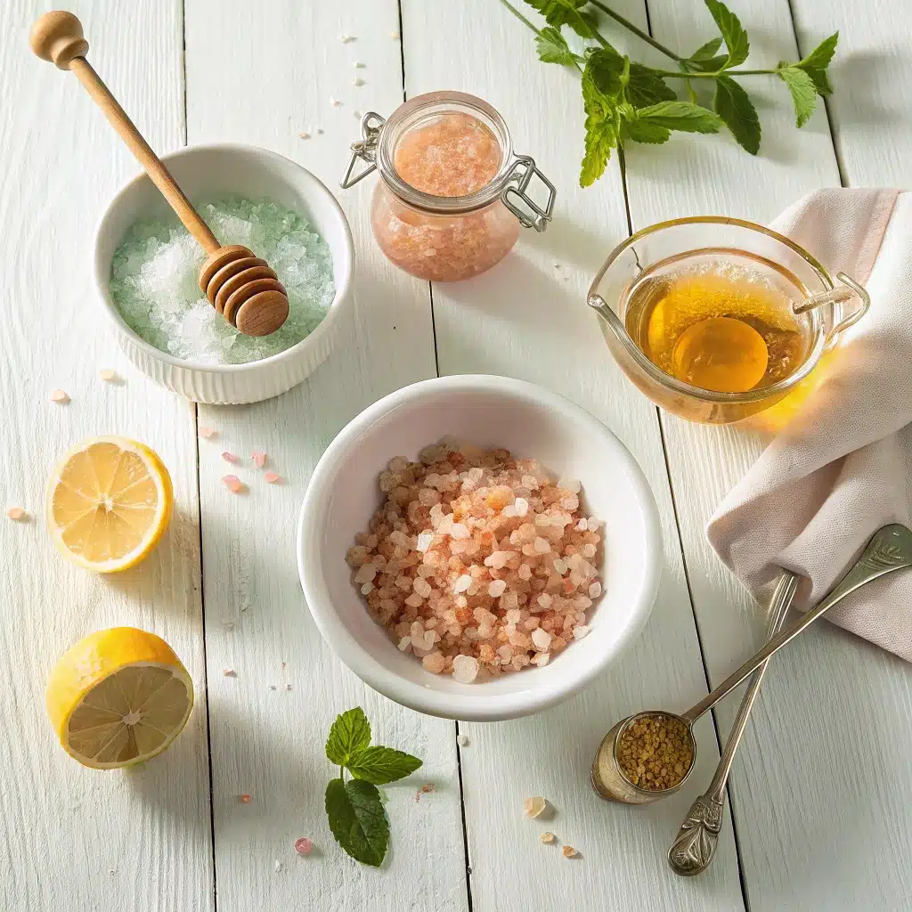 Ingredients for pink salt trick recipe on wooden surface